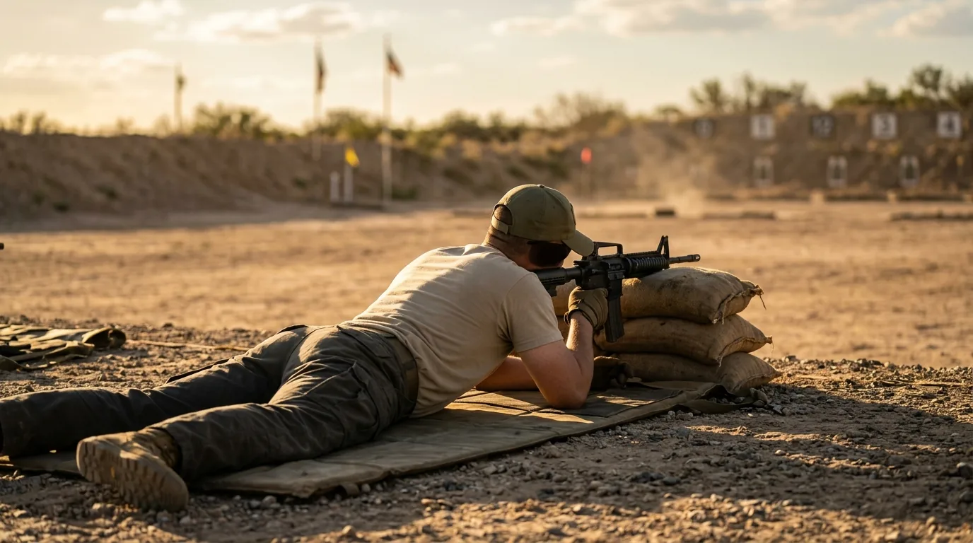 Recruit practicing basic rifle marksmanship on the range during combat skills training phase