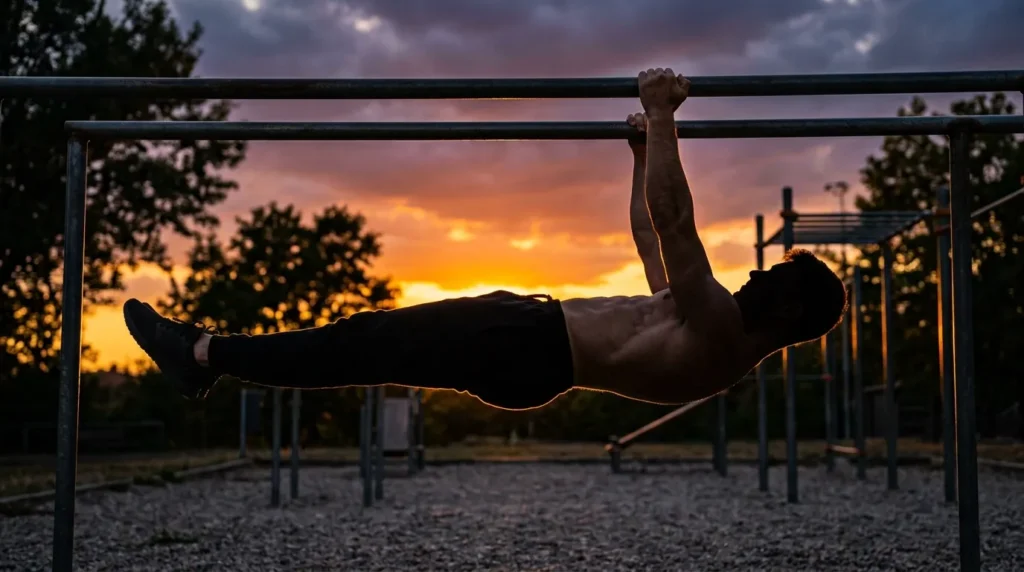 Athlete holding a full horizontal front lever on an outdoor bar at dusk, the final step of a front lever progression