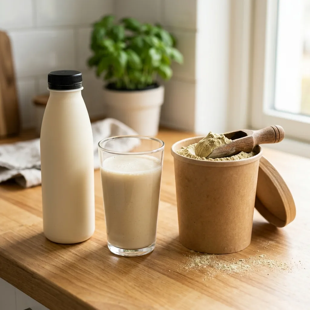Ready-to-drink dairy-free protein shake bottle and glass beside an open plant protein powder tub with a scoop, showing RTD vs powder