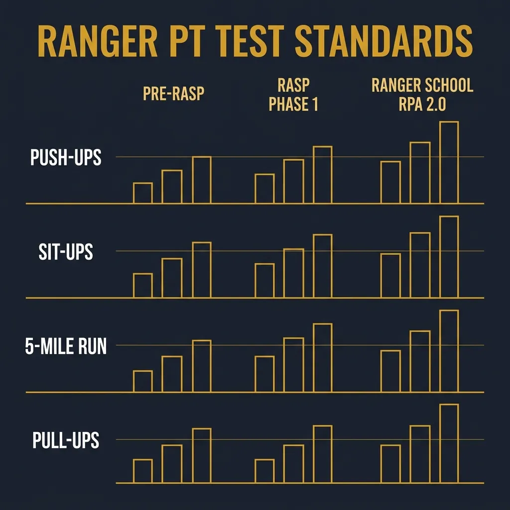Comparison chart of Ranger PT test standards: Pre-RASP, RASP Phase 1, and Ranger School RPA 2.0
