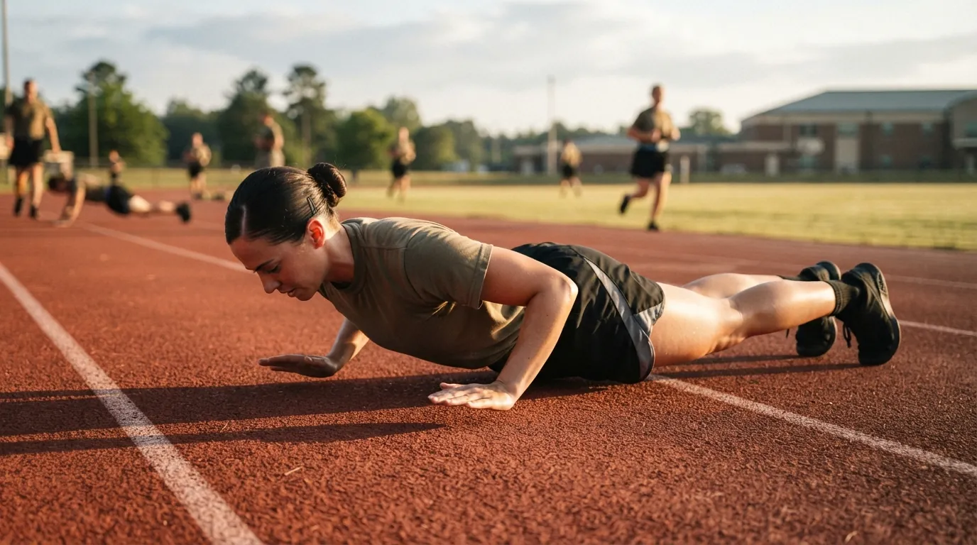 Soldier at the bottom position of a hand release push up during an Army Combat Fitness Test rep