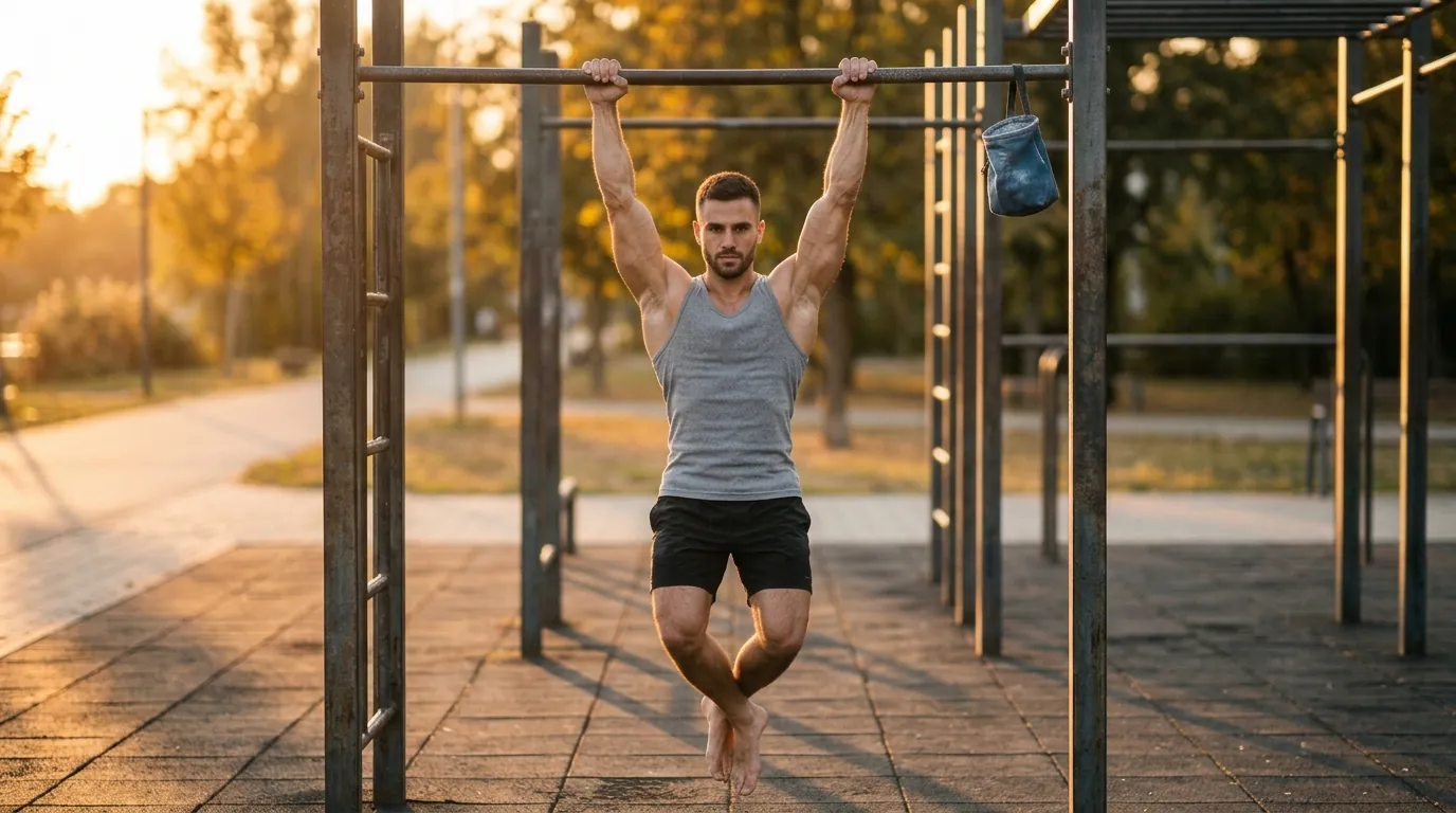 Man performing a dead hang for grip strength training on a pull-up bar