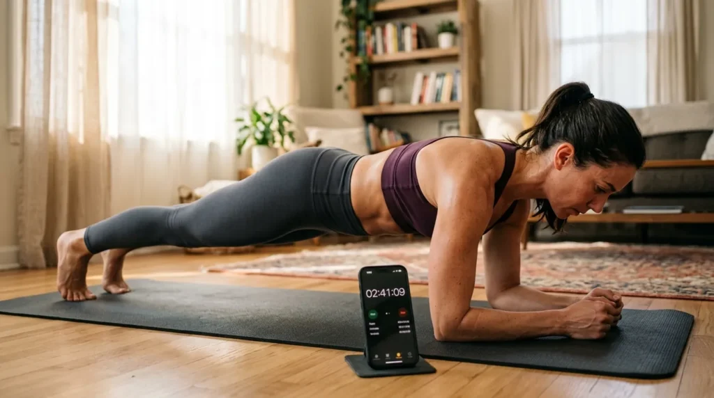 Woman timing a forearm plank with a stopwatch, illustrating how long you should hold a plank