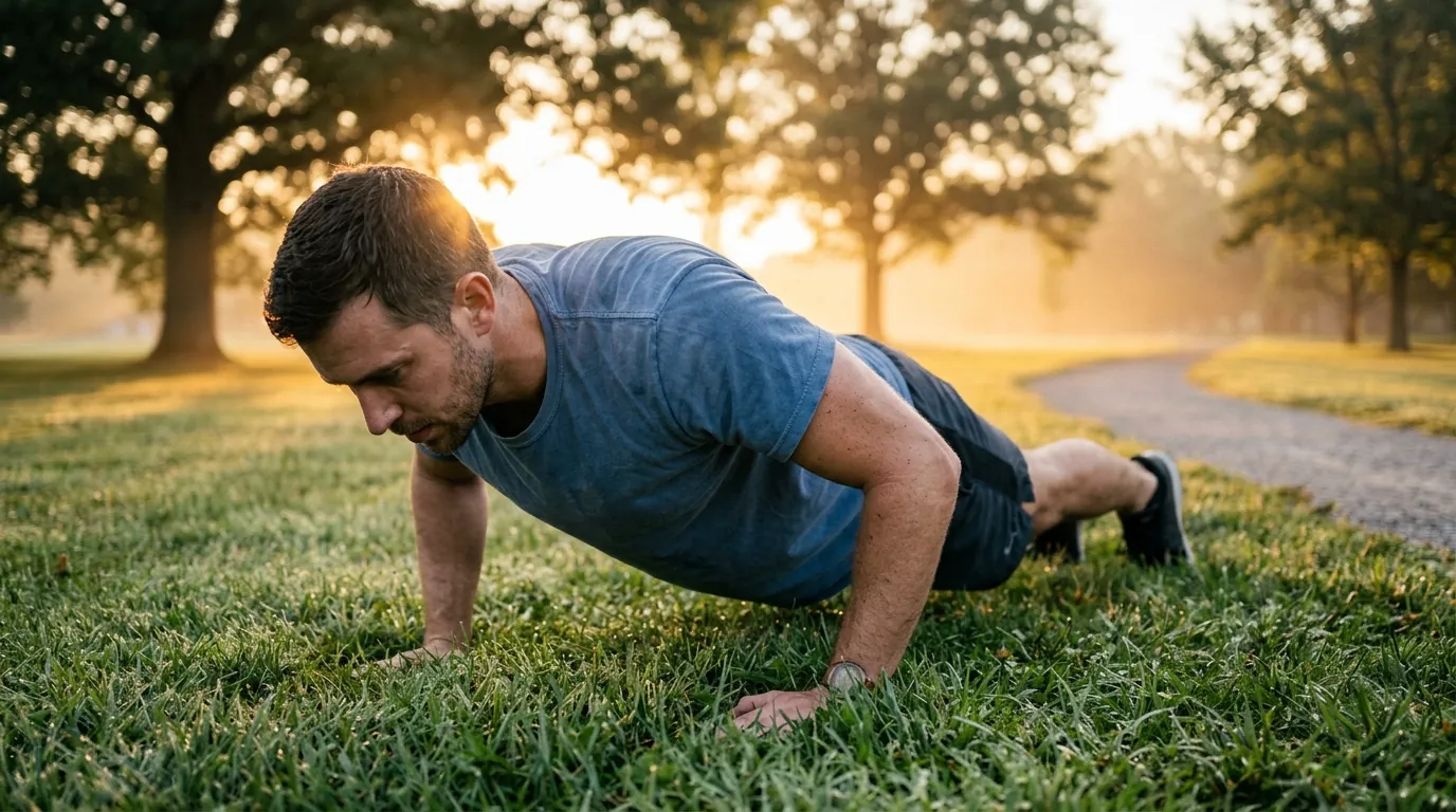 Man doing push-ups on park grass at sunrise, illustrating how many push-ups you should do a day
