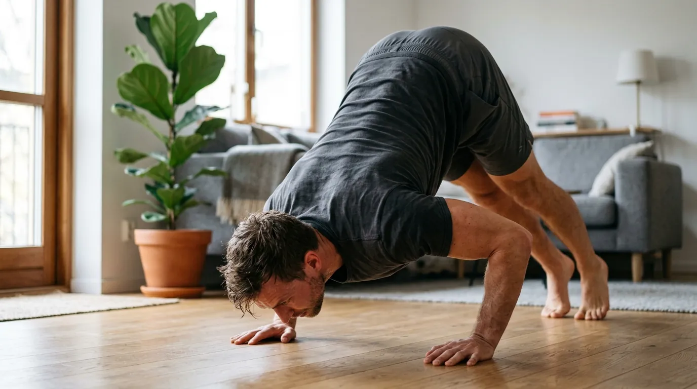 Man doing a pike push-up on his living room floor, showing how to build muscle without weights at home