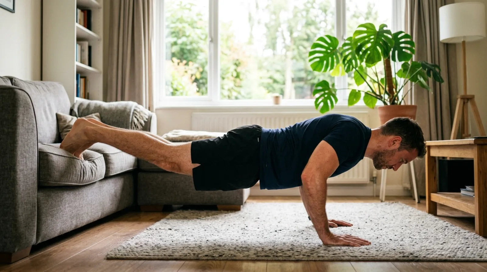 Feet-elevated push-up progression to build muscle without weights