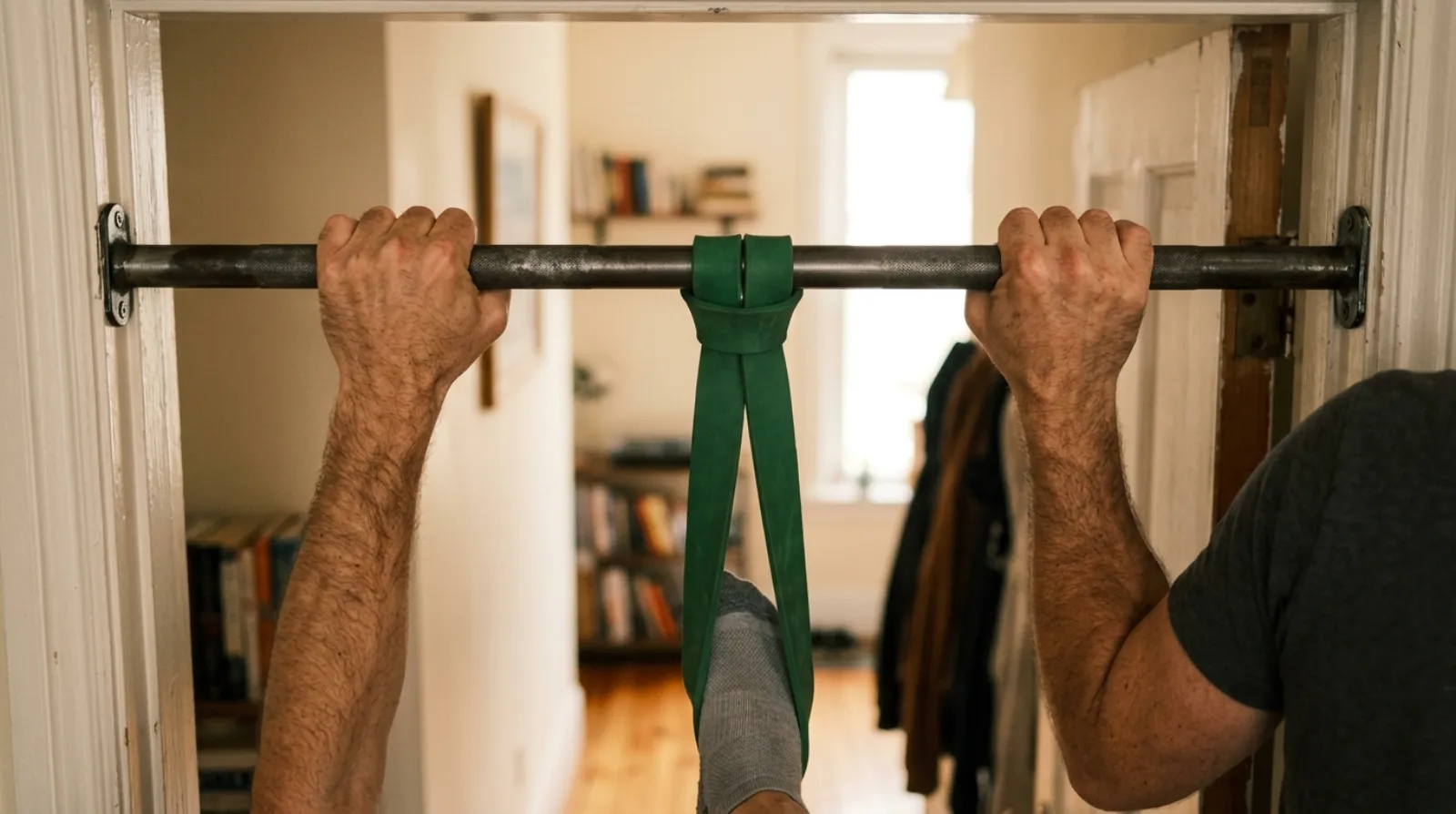 Band-assisted pull-up close-up as a bodyweight load proxy