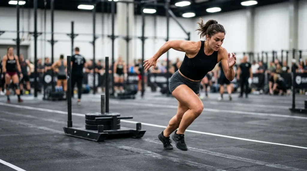 Athlete transitioning from sled push to run during HYROX training
