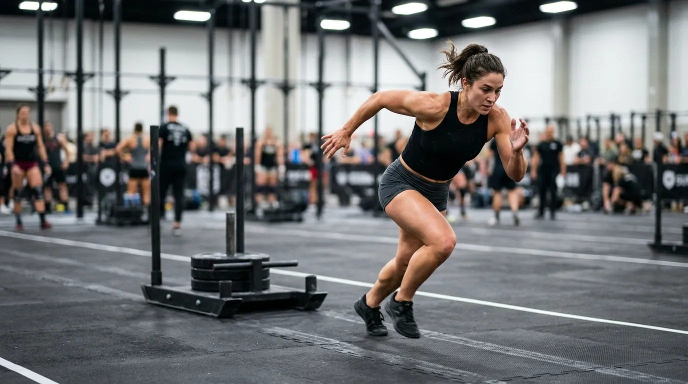 Athlete transitioning from sled push to run during HYROX training