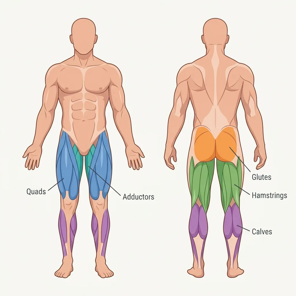 Muscle map showing which leg workout machines train the quads, hamstrings, glutes, calves, and adductors