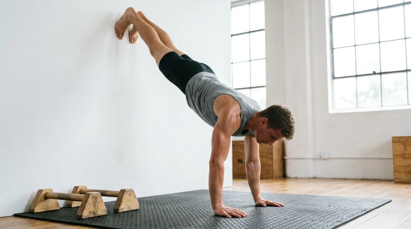 Athlete performing an inverted push-up with feet against a wall as part of a handstand progression
