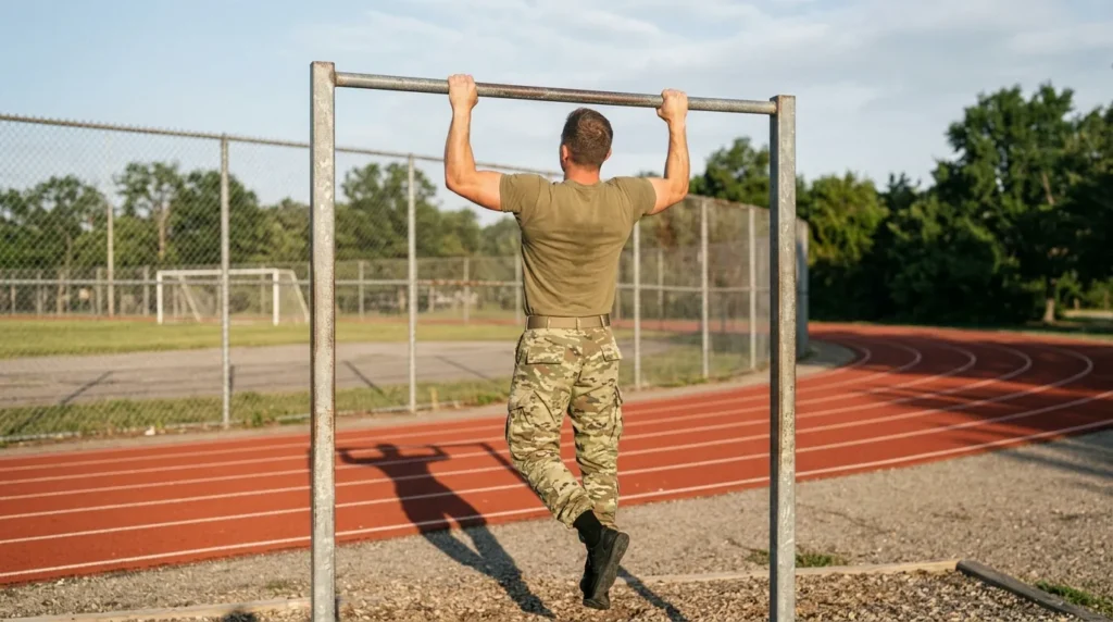 Man performing dead-hang pull-ups on an outdoor bar beside a track while training for the Marine Corps PFT