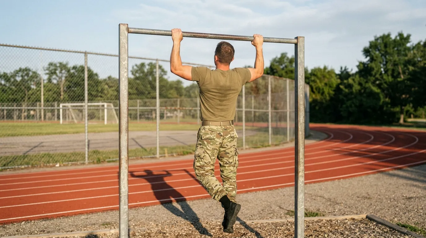 Man performing dead-hang pull-ups on an outdoor bar beside a track while training for the Marine Corps PFT