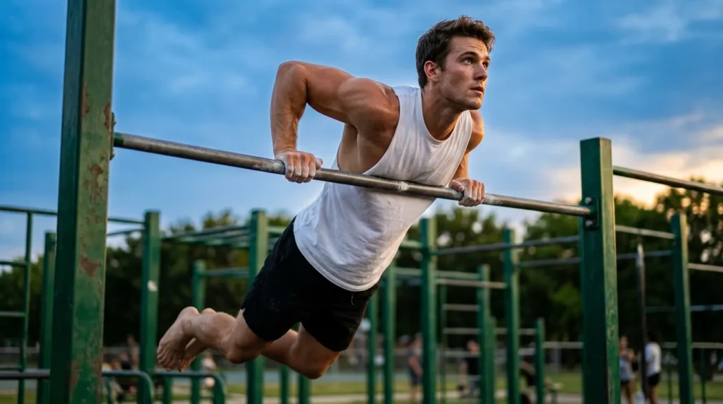 Athlete pressing over the bar at the transition point, the hardest step of a muscle-up progression