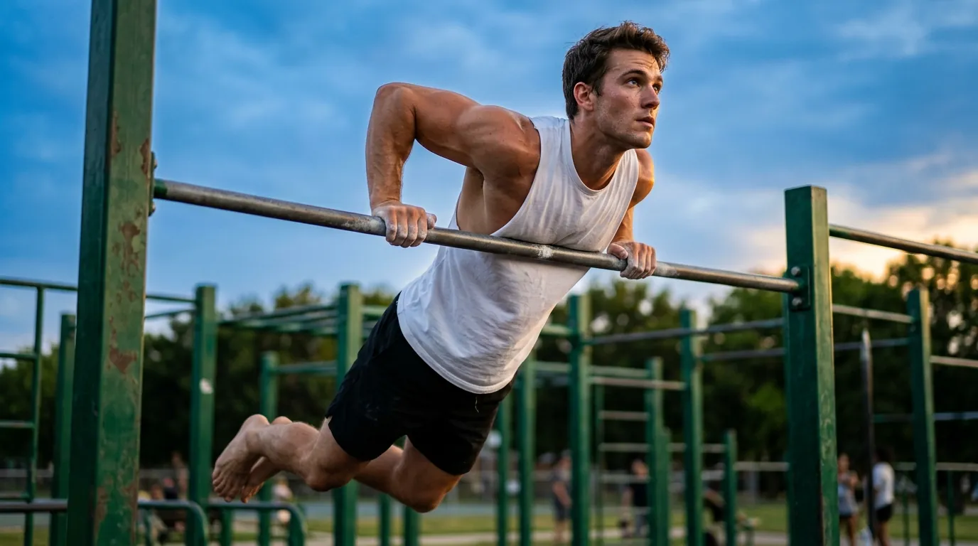 Athlete pressing over the bar at the transition point, the hardest step of a muscle-up progression
