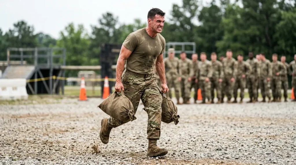 Ranger candidate performing the farmer's carry event during the Ranger PT test