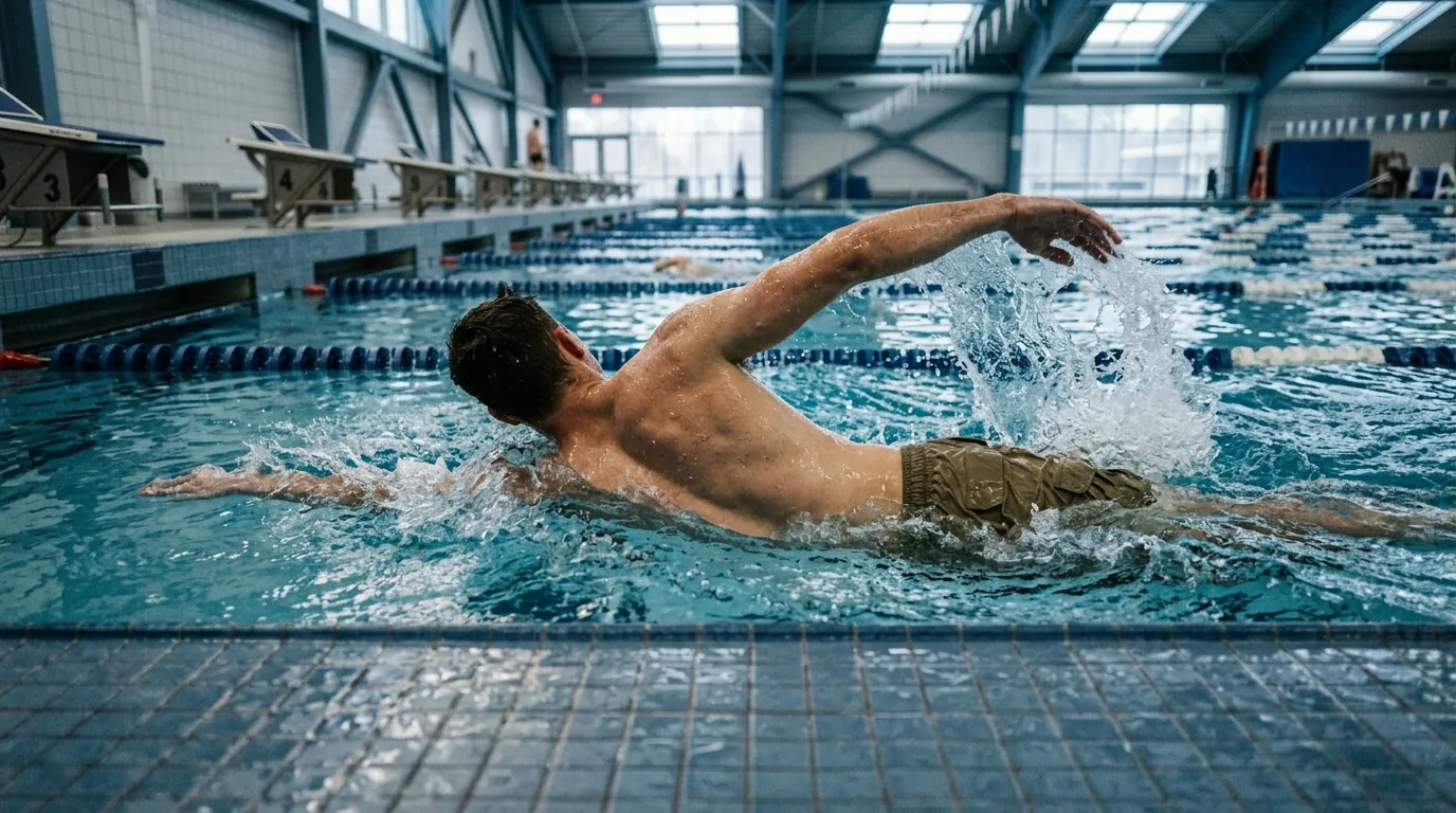 Swimmer performing the combat sidestroke in a lap pool while training for Navy SEAL physical requirements