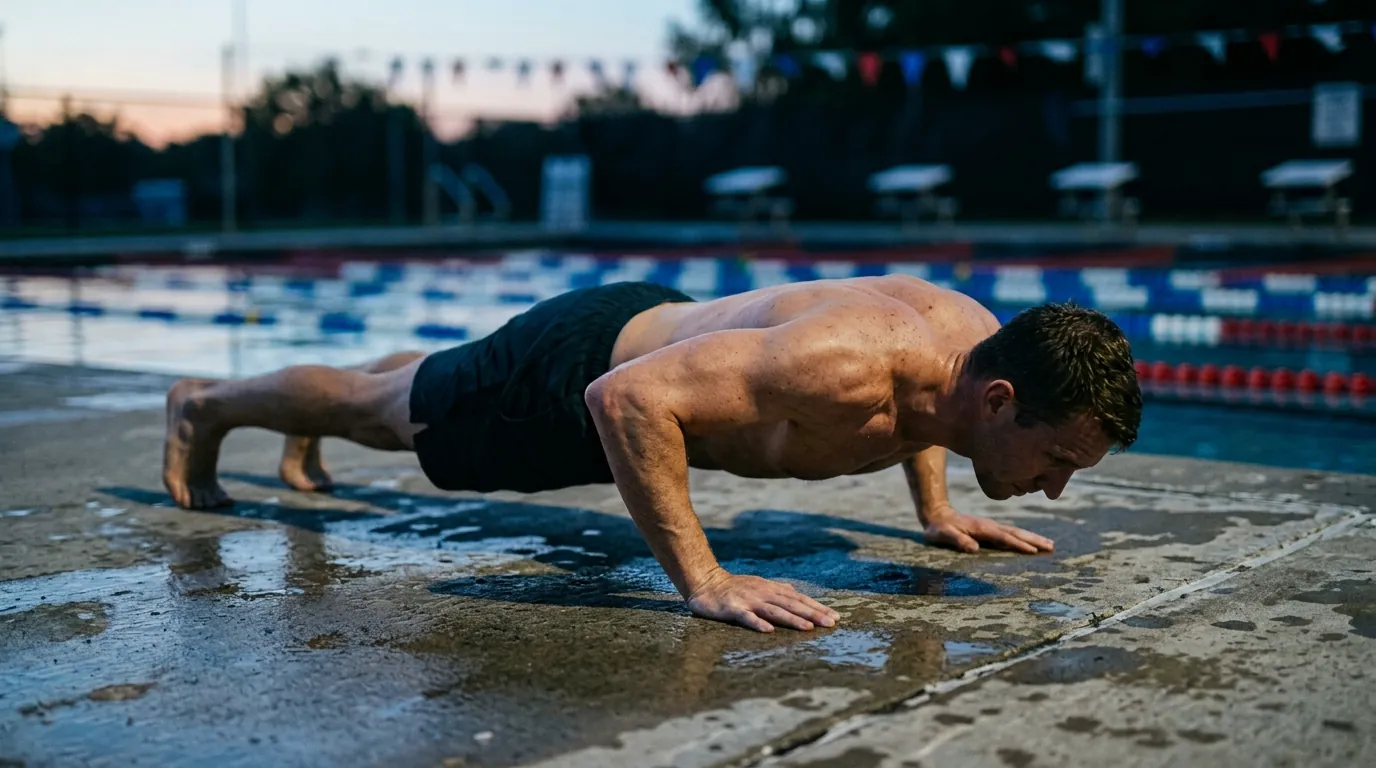 Athlete training push-ups on a pool deck for Navy SEAL physical requirements