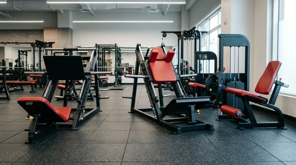 Row of leg workout machines in a gym, including a 45-degree leg press, hack squat, and leg extension machine