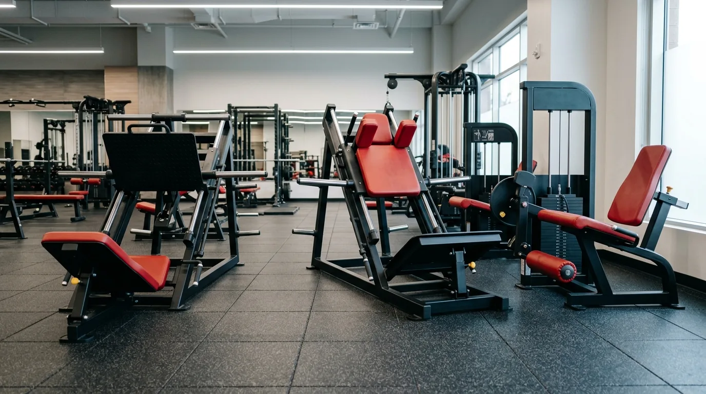 Row of leg workout machines in a gym, including a 45-degree leg press, hack squat, and leg extension machine