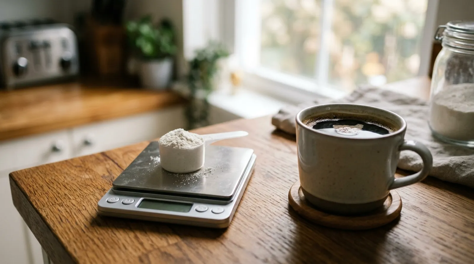 Measuring a caffeine dose with a scoop and kitchen scale