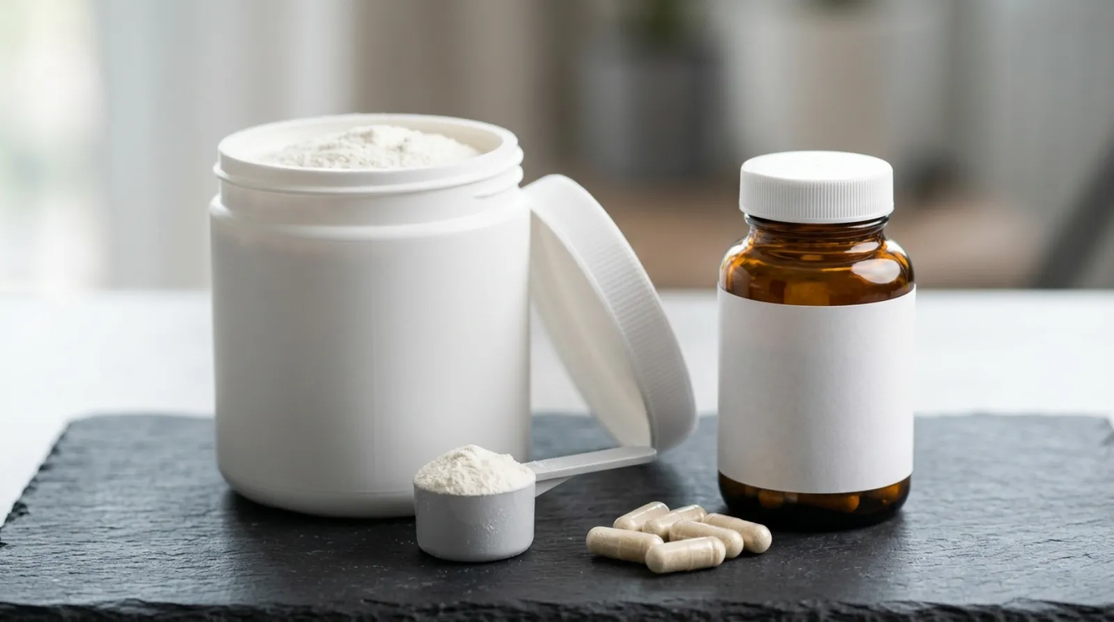 Pre-workout powder and fat burner capsules compared side by side