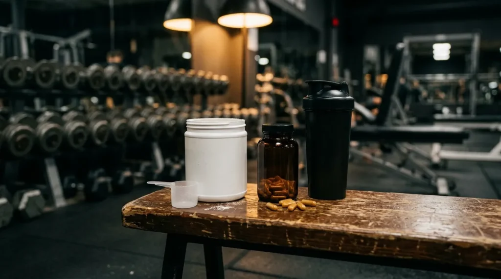 Powder tub and capsule bottle on a gym bench, representing a pre-workout and fat burner stack