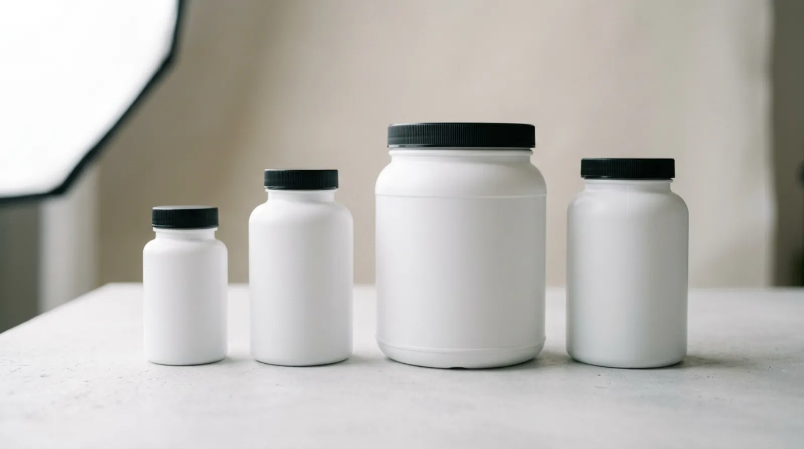 A lineup of unbranded pre-workout and fat burner containers