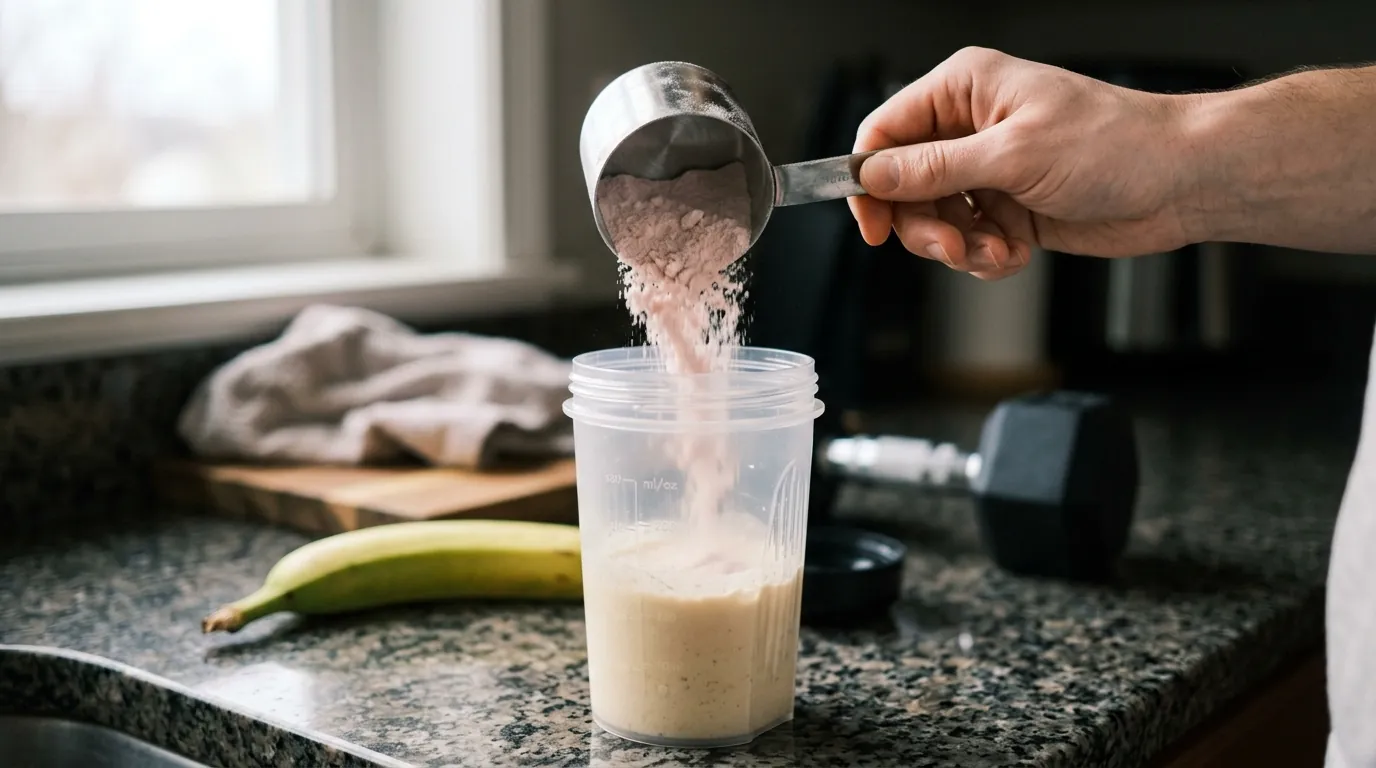 Pouring pre-workout powder into whey to make a pre-workout protein shake