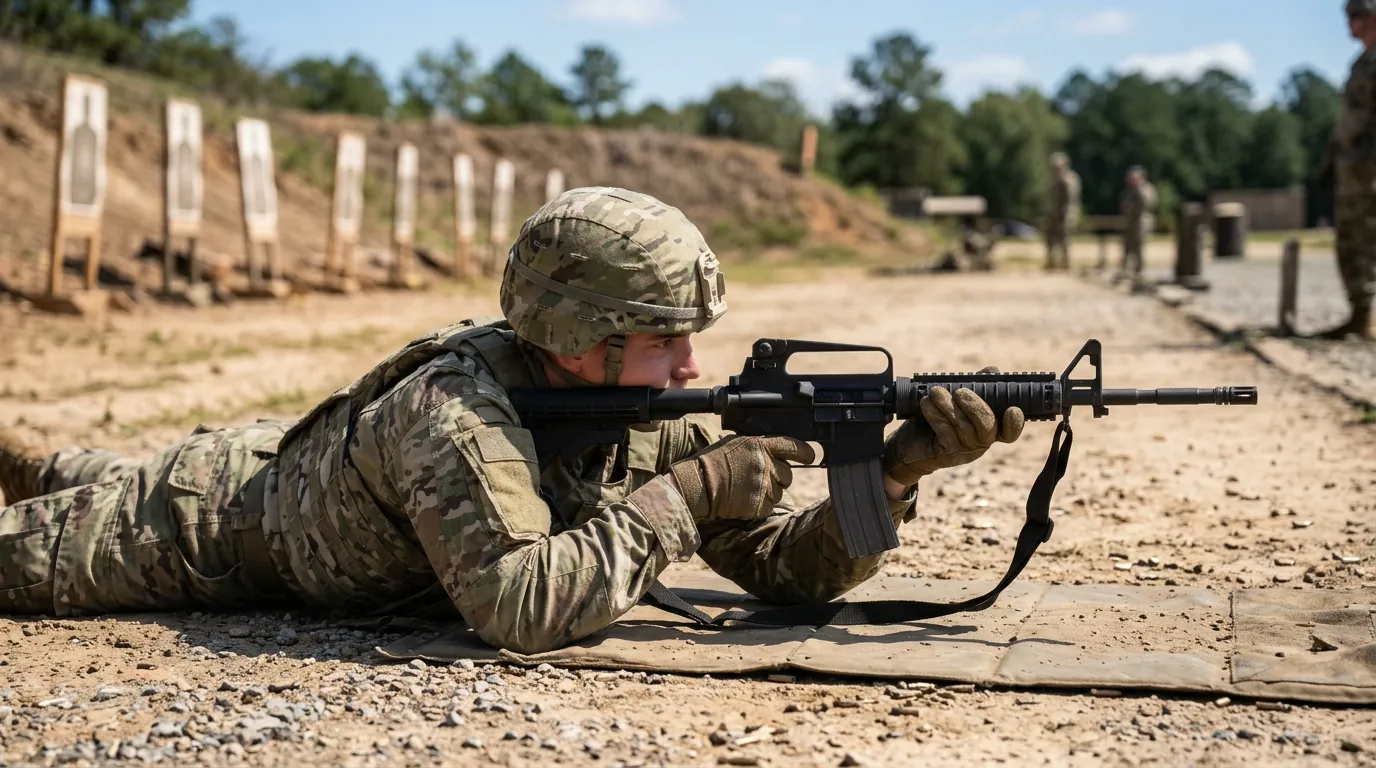 Recruit firing a rifle from the prone position during basic rifle marksmanship training