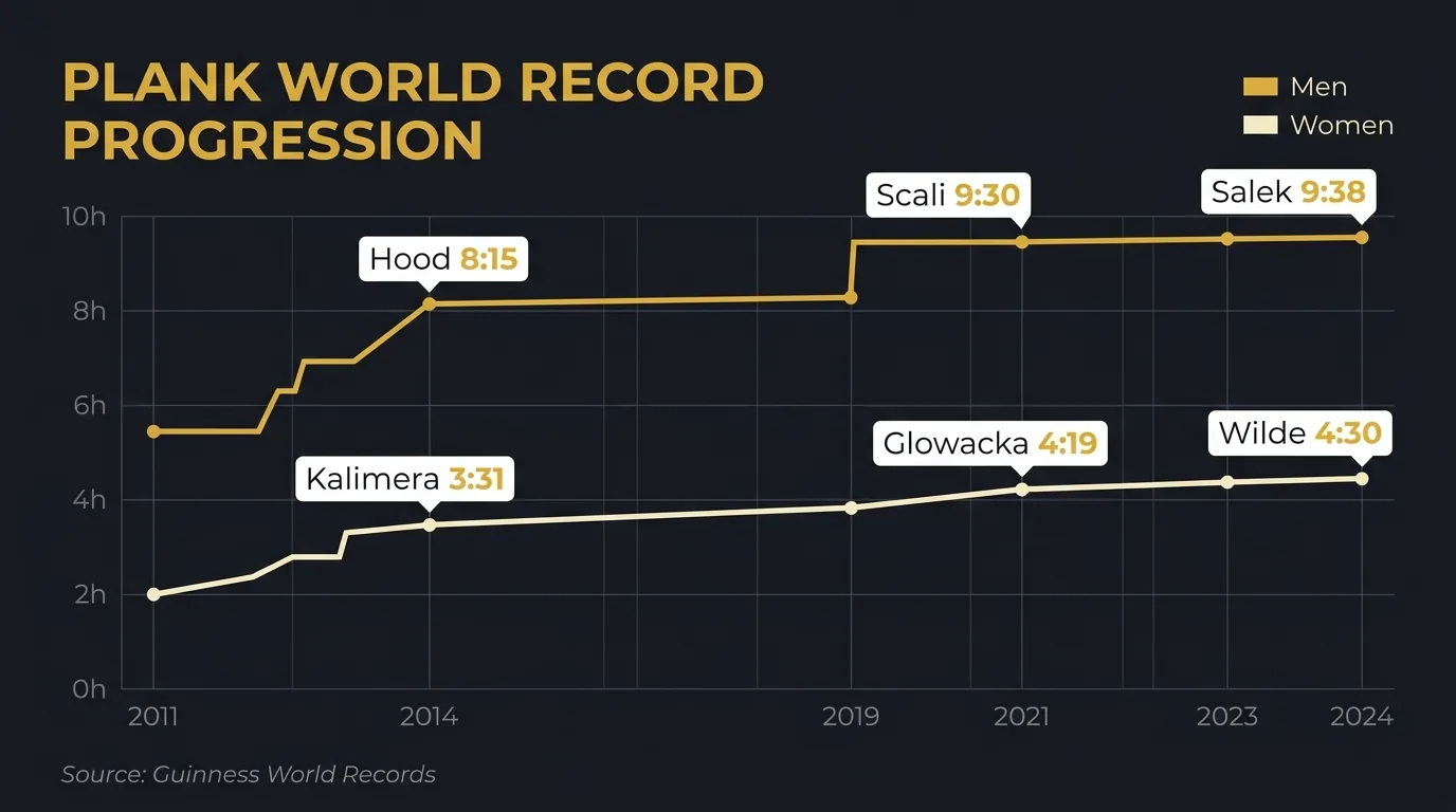 Timeline chart showing the plank world record progression from 2011 to 2024 for men and women
