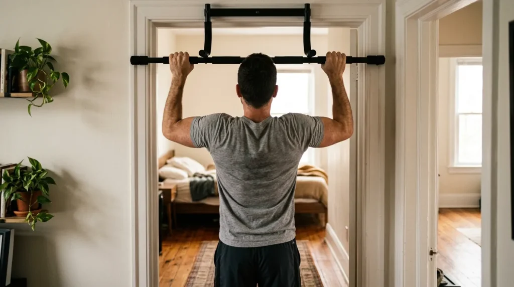 Man doing a pull-up bar workout on a doorway bar at home, viewed from behind mid-rep