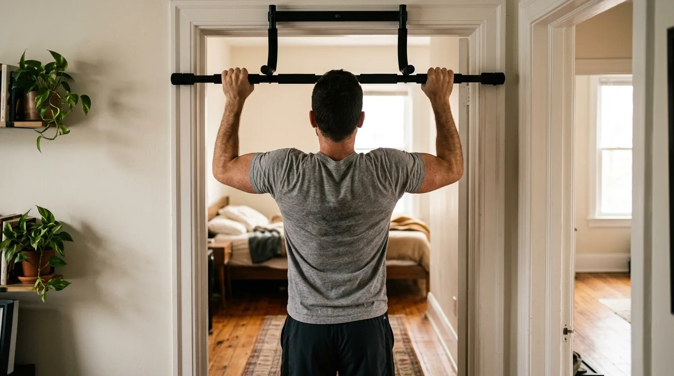 Man doing a pull-up bar workout on a doorway bar at home, viewed from behind mid-rep