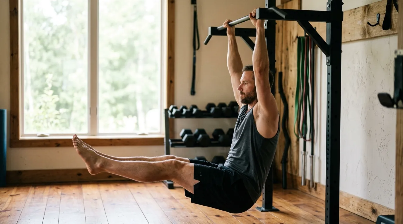 Hanging leg raise in a pull-up bar workout