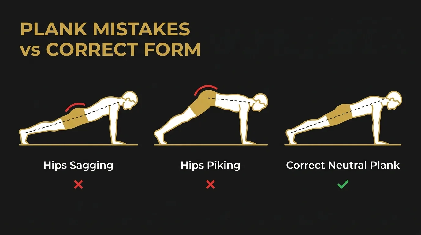 Common plank mistakes compared: sagging hips, piked hips, and correct neutral plank position