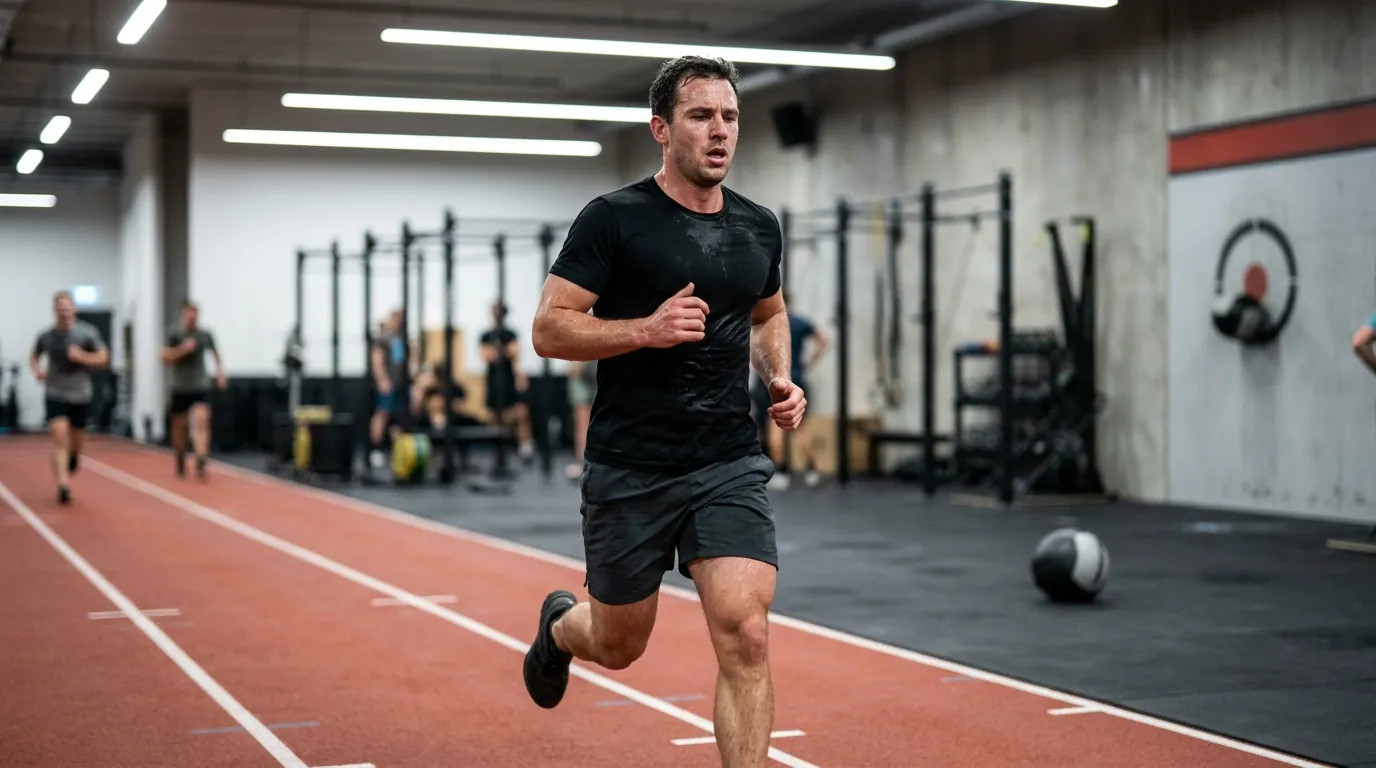 Runner performing compromised running interval training for HYROX