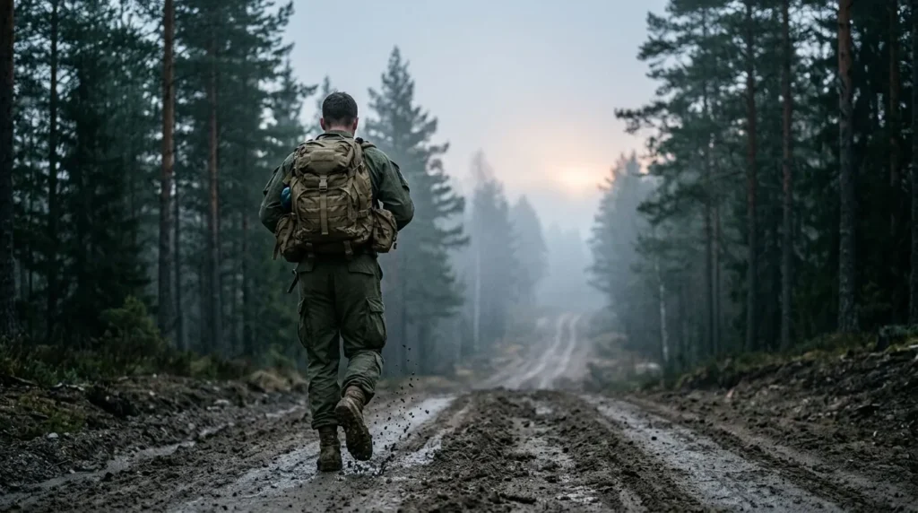 Soldier rucking up a foggy forest trail at dawn during a special forces training program