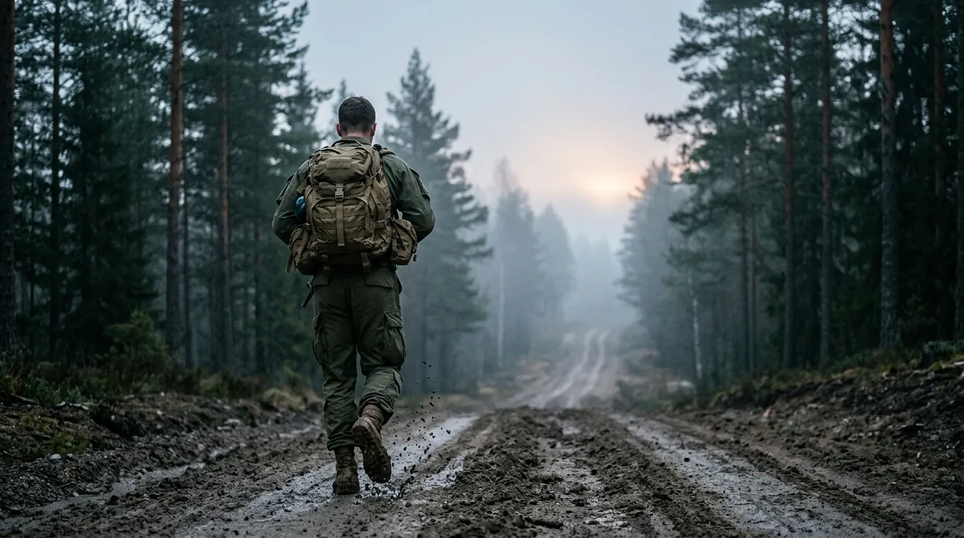 Soldier rucking up a foggy forest trail at dawn during a special forces training program