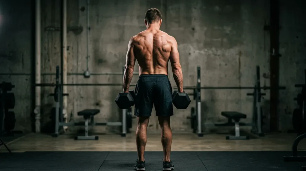 Rear view of a lifter's contracted upper back during a dumbbell shrug, one of the best trapezius exercises
