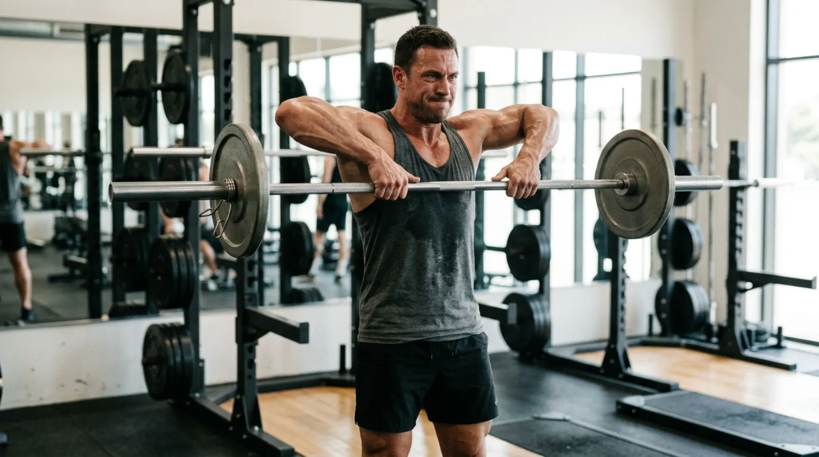 Upright row and shrug engaging the upper and middle trapezius