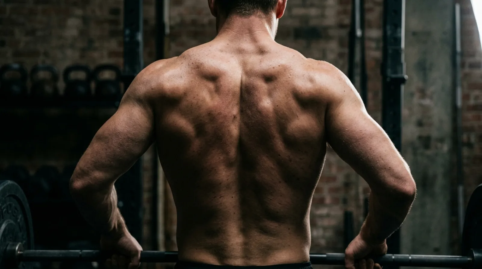 Muscular upper back showing trapezius regions under load