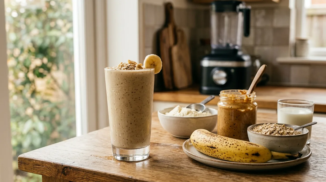 High-calorie protein shake for weight gain in a glass beside banana, peanut butter, oats, protein powder, and milk