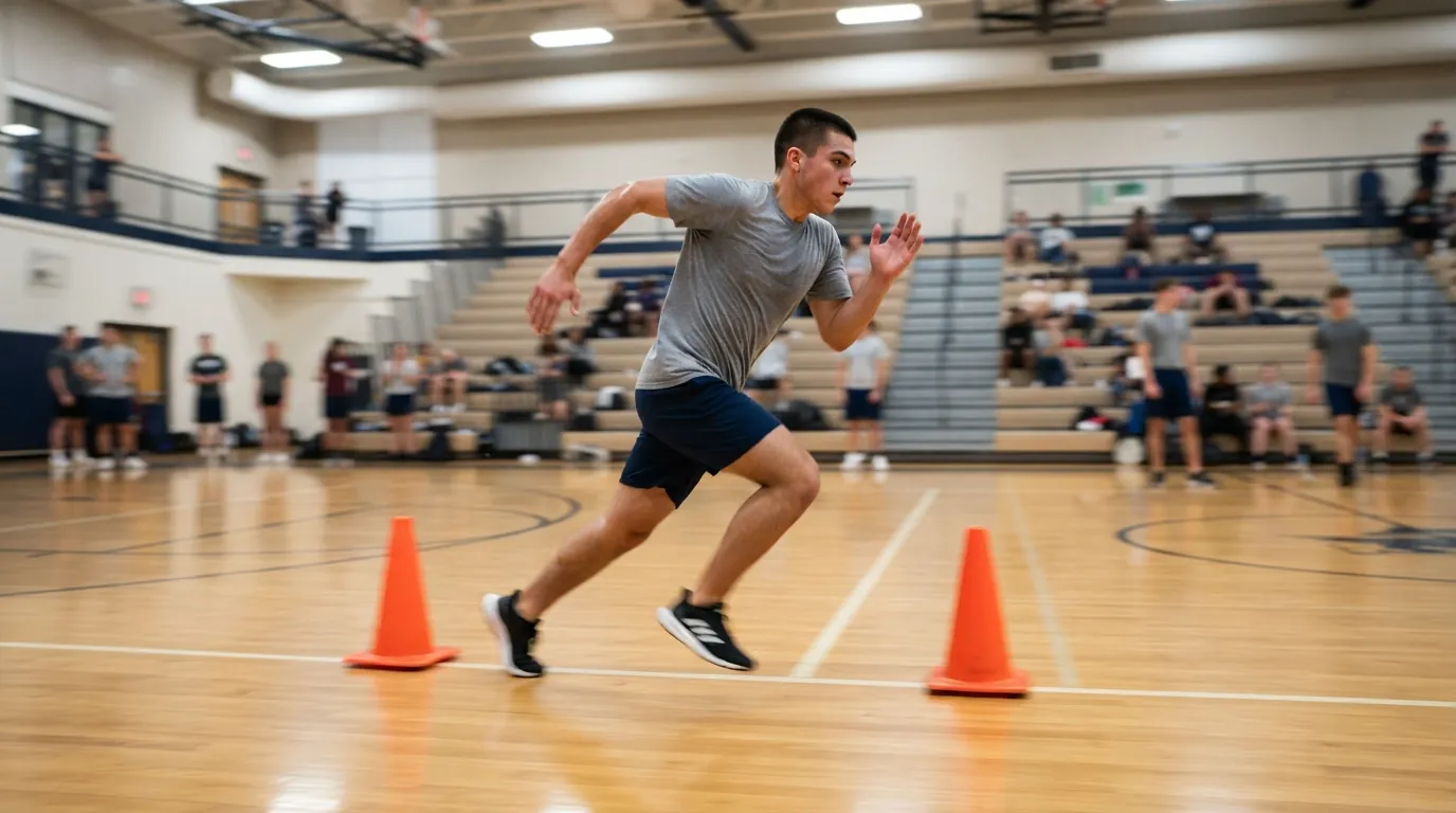 Candidate sprinting the shuttle run event of the USAFA fitness test in a school gymnasium