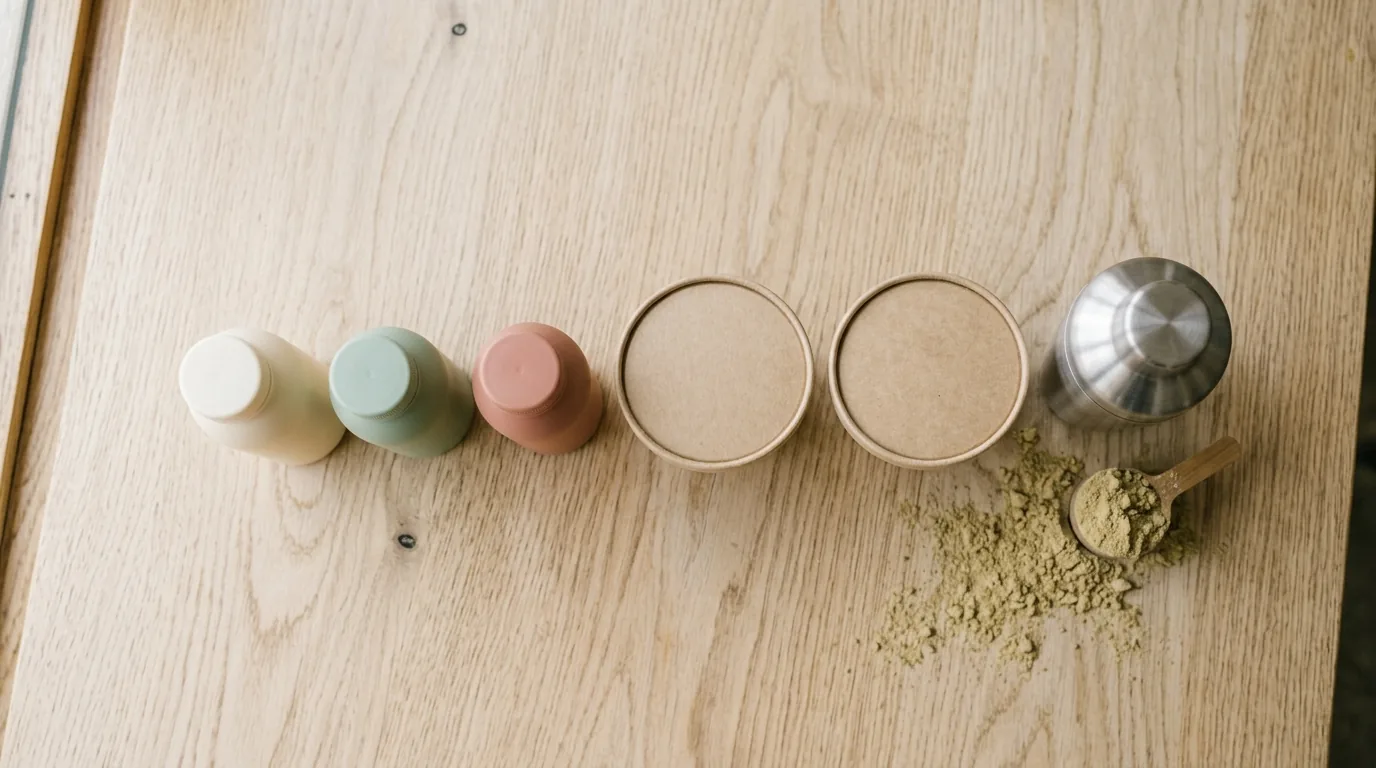 Dairy-free protein shakes and powders lined up: unbranded ready-to-drink bottles beside pea and brown-rice protein tubs, a shaker, and a scoop of powder