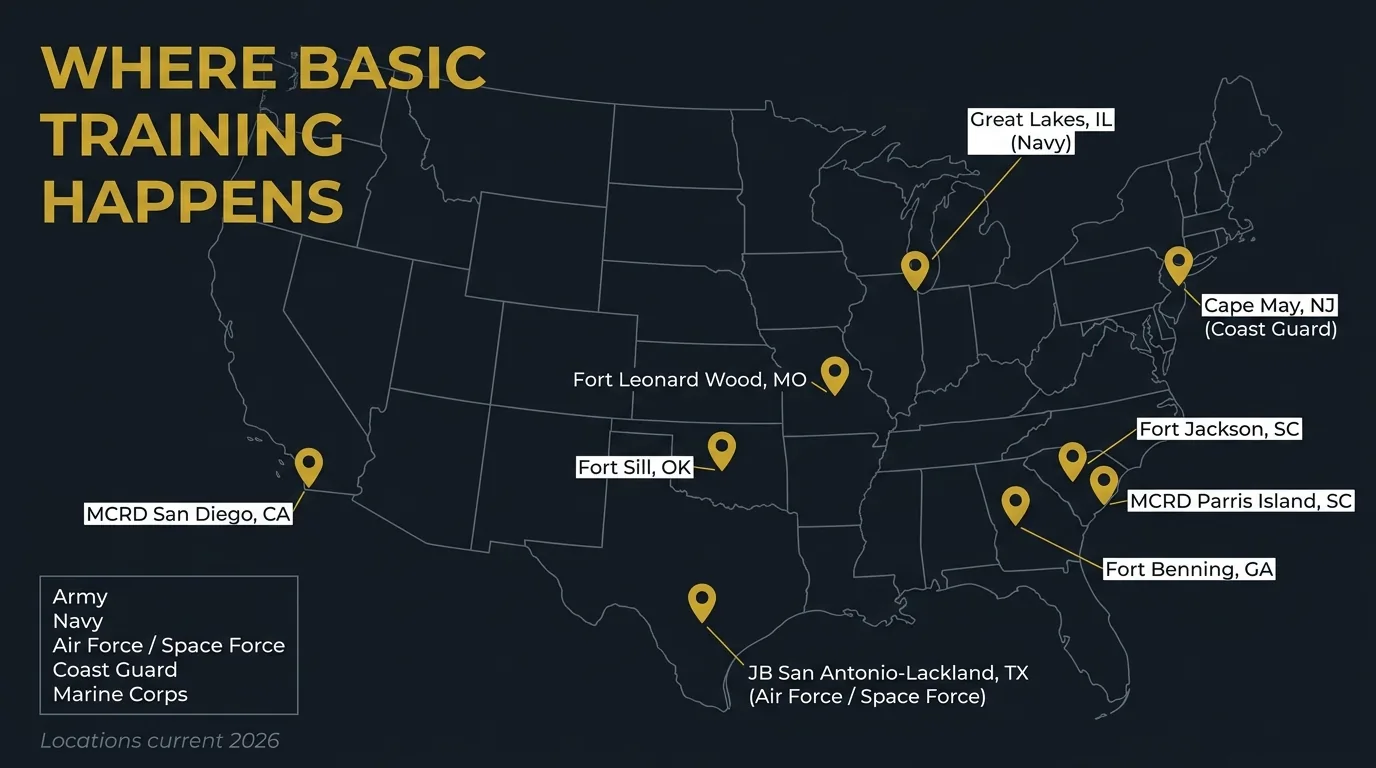 Map of U.S. military basic training locations for all six branches, including four Army posts