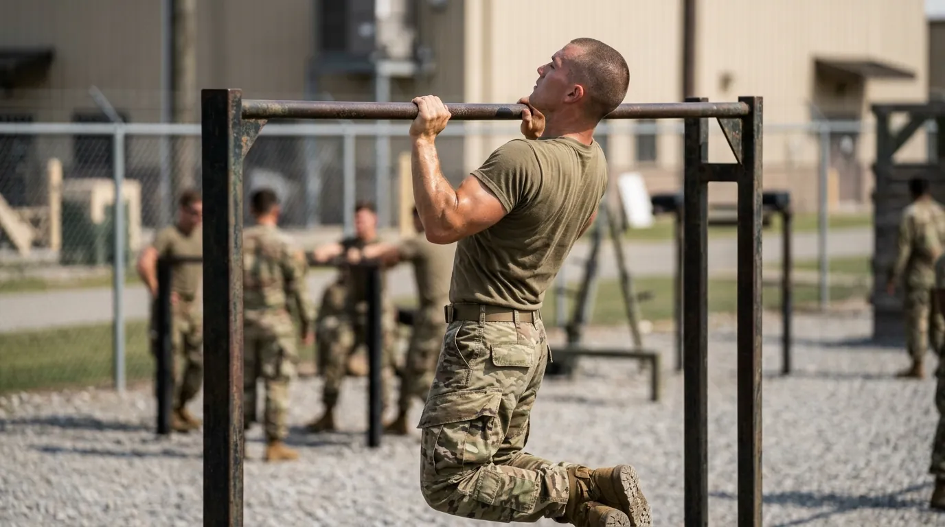 Soldier performing strict chin-ups for the Ranger School physical assessment