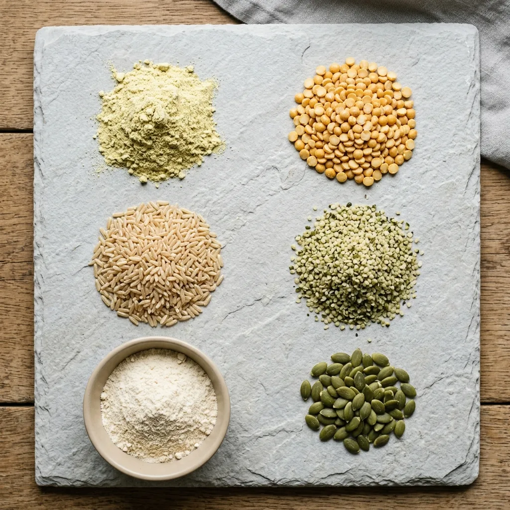 Dairy-free protein sources spread out: pea protein, split peas, brown rice, hemp seeds, soy protein isolate, and pumpkin seeds