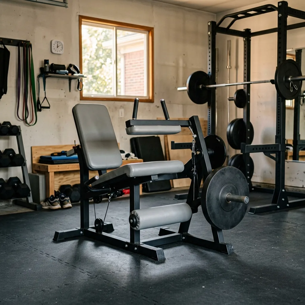 Compact plate-loaded leg extension and curl machine, one of the best home leg workout machines, in a garage gym