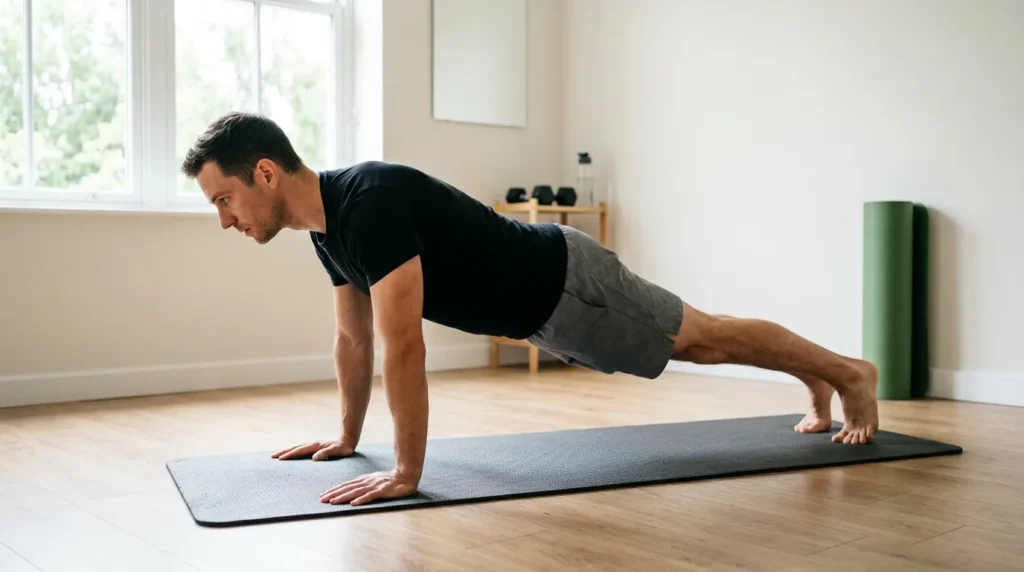 Person holding a straight-arm plank with locked elbows and hands under shoulders