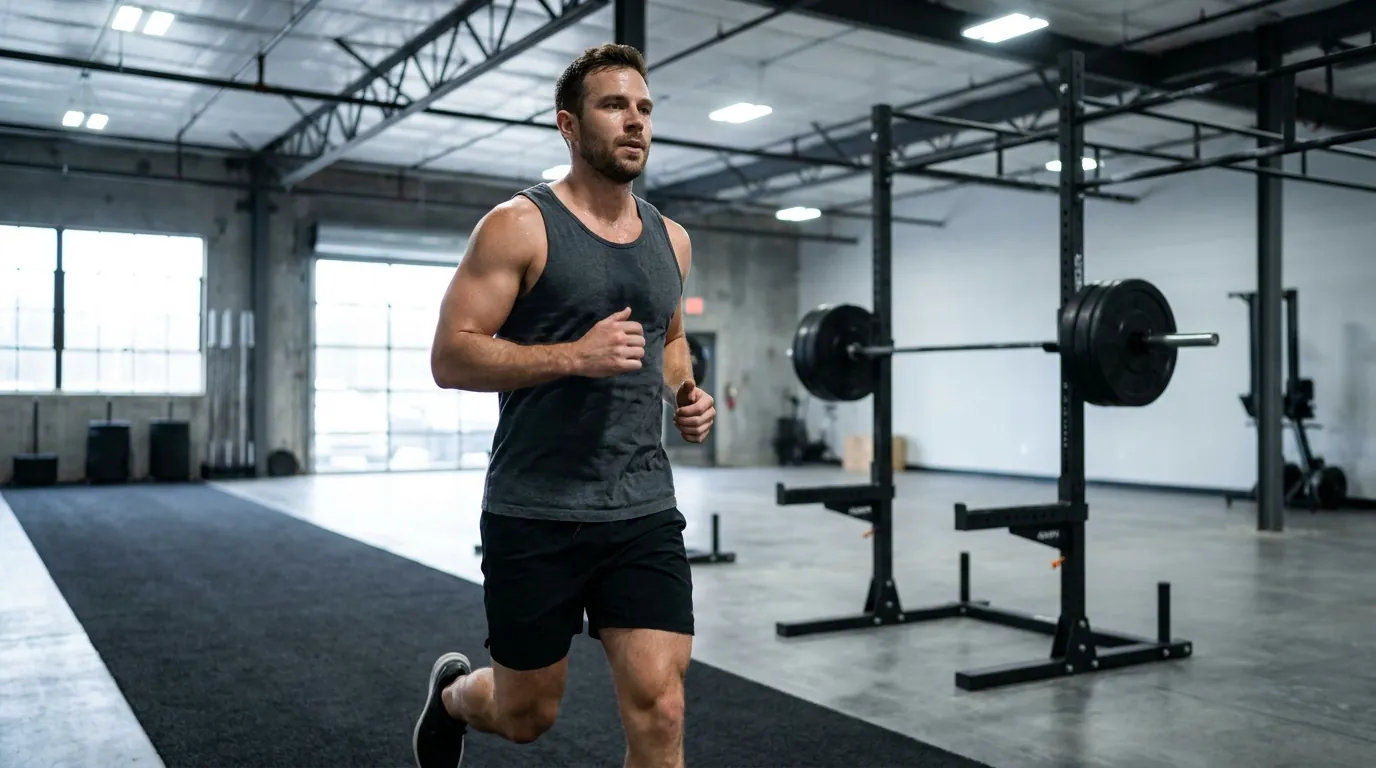 Male hybrid athlete running on a gym track next to a loaded barbell rack, illustrating a strength-plus-running hybrid training program